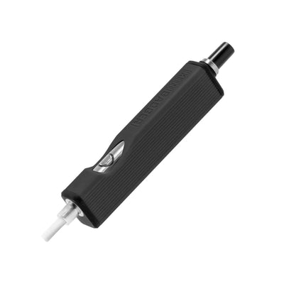 Black Mini Huni Badger Vaping Device With Textured Grip And Metallic Accents For Lower Temperatures