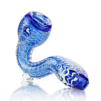 Mini Quilted Sherlock Pipe: Blue glass with intricate, snake-like swirling patterns