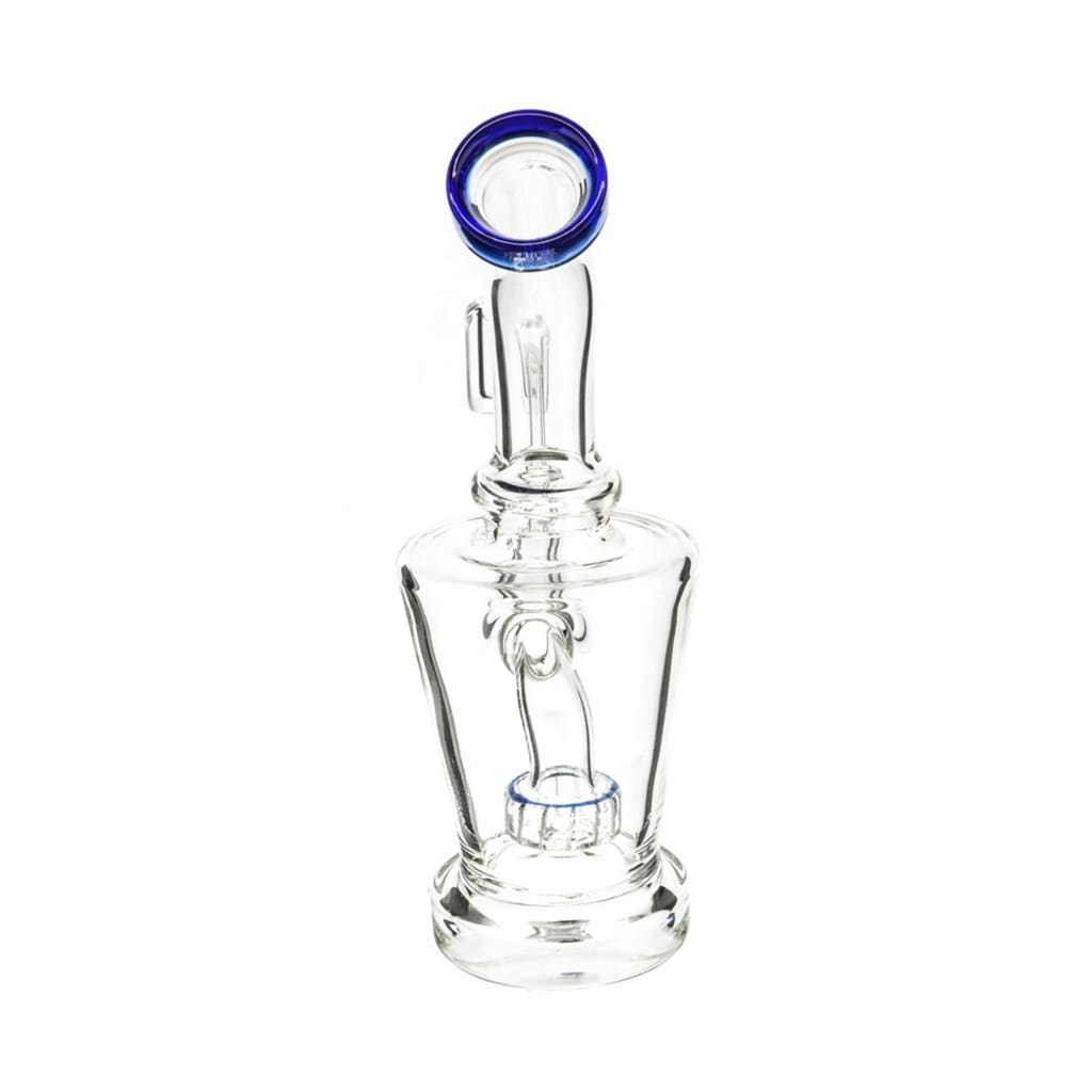 Clear Body Showerhead Perc Dab Rig with Quartz Banger features blue-rimmed mouthpiece