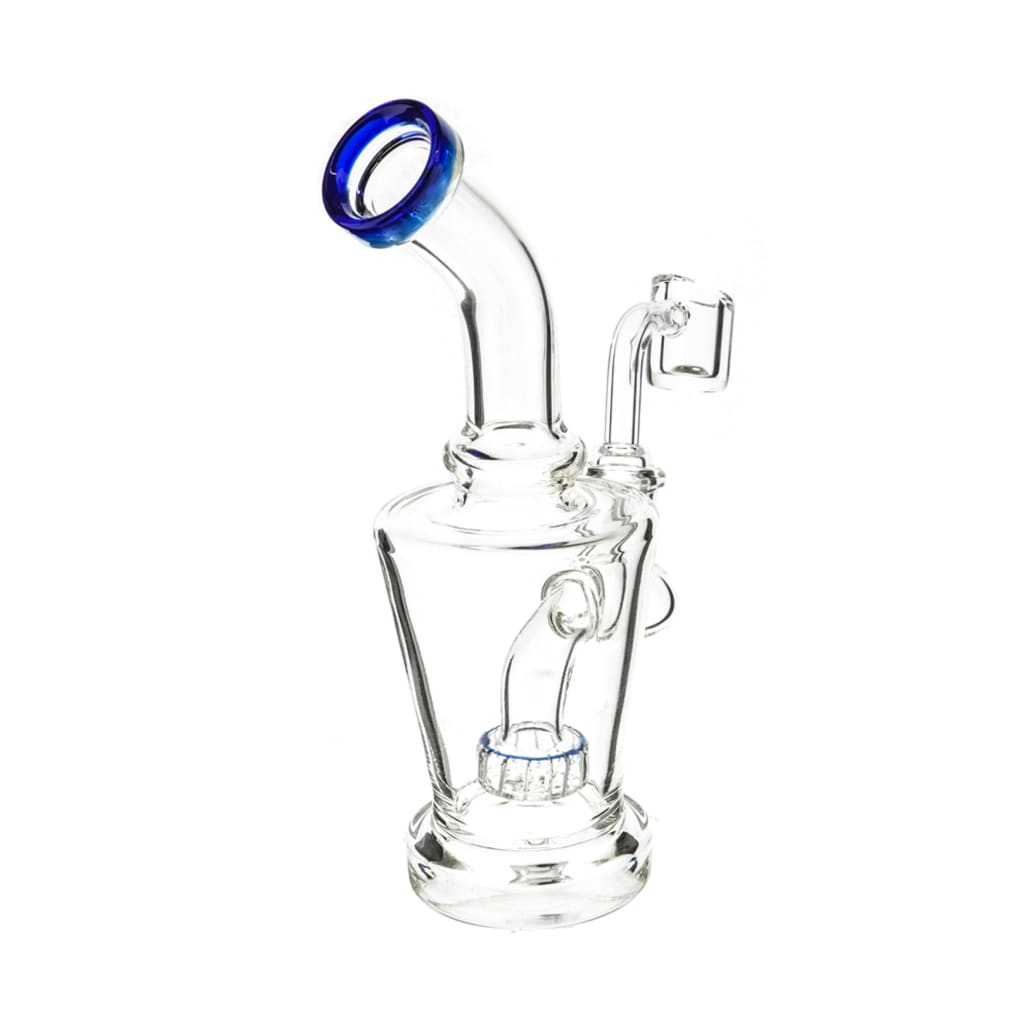 Clear Body Showerhead Perc Dab Rig with Quartz Banger features blue-rimmed mouthpiece