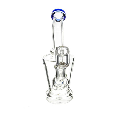 Clear Body Showerhead Perc Dab Rig with Quartz Banger, featuring blue-rimmed mouthpiece