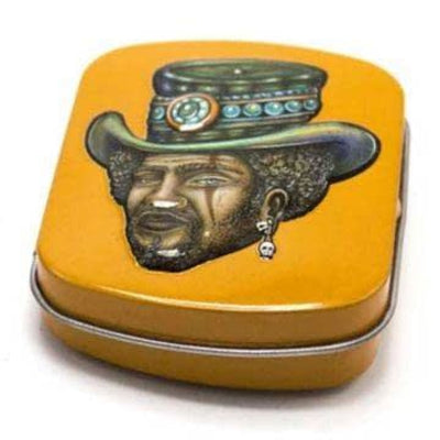 Yellow mini tin box with mans antique face design for keepsakes
