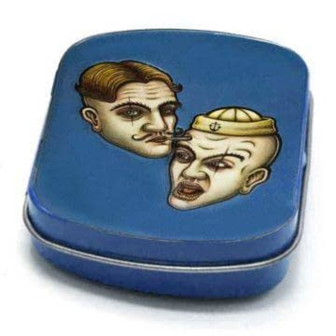 Blue mini tin box with cartoon faces for trinkets