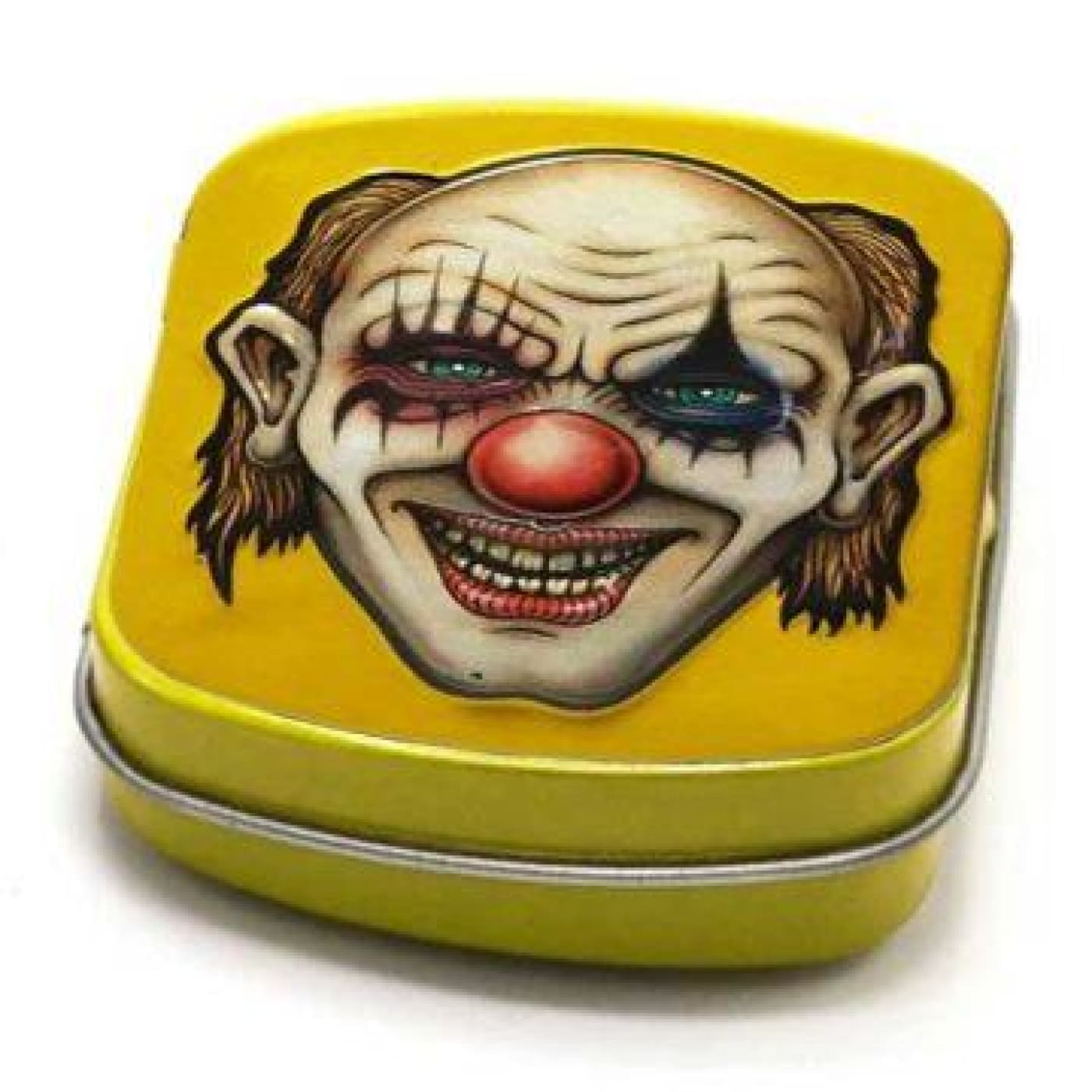 Menacing clown face on yellow mini tin box for trinkets