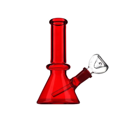 Red glass mini beaker bong with male flower bowl and angled stem for easy use