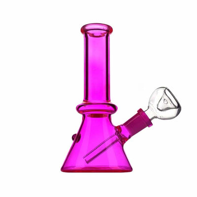 Bright pink Monochrome Mini Beaker Bong with clear male flower bowl attachment