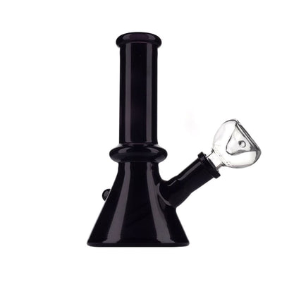 Monochrome mini beaker bong with male flower bowl, black glass, beaker base, angled stem