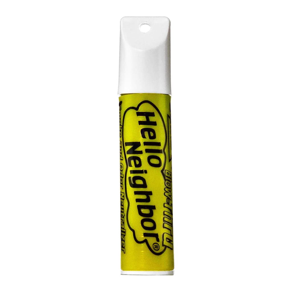 Yellow and white ’Hello Neighbor’ lip balm tube, pocket-friendly for fresh air after smoke exhale