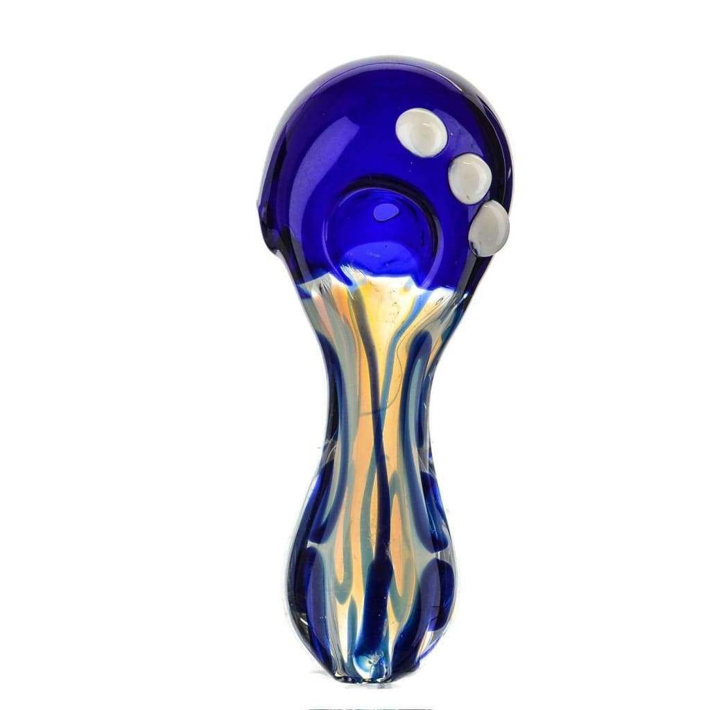 Nightfall spoon pipe with gold fumed glass, royal blue swirls, and white dots