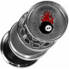 4-part metal grinder with iconic flaming dice and vaping device featuring flame logo