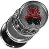 4-part metal grinder featuring iconic symbols and flaming dice on the top