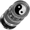 4-part metal grinder with iconic symbols like yin-yang and flaming dice