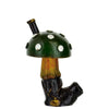 Hand-carved mushroom-shaped novelty wood pipe with green spotted cap and dark stem