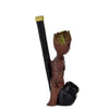 Hand-carved wooden figurine-shaped smoking pipe with long stem; novelty wood pipes