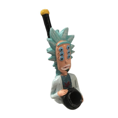 Cartoon wild-haired scientist with bong, hand-carved novelty wood pipe