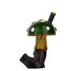 Hand-carved novelty wood pipe with a mushroom design, green spotted cap, and dark stem