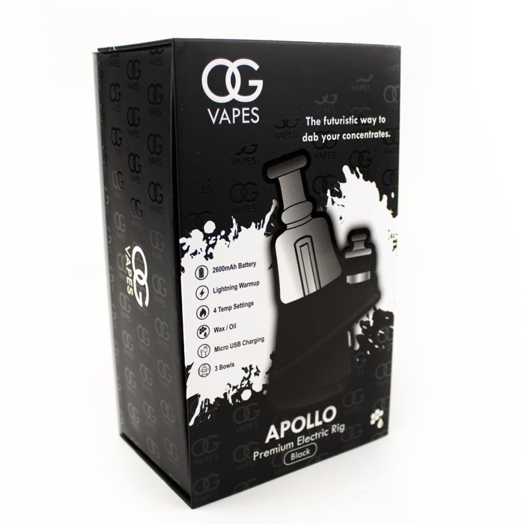 Black packaging box for OG Vapes Apollo Portable Enail with Quartz Bowl and glass attachment