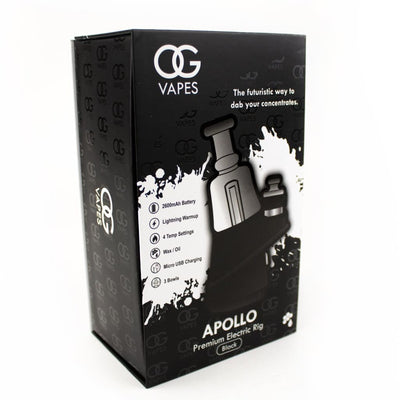 Black packaging box for OG Vapes Apollo Portable Enail with Quartz Bowl and glass attachment