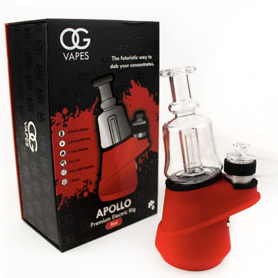 Portable Enail with quartz bowl, red base, and glass attachment - Og Vapes Apollo packaging
