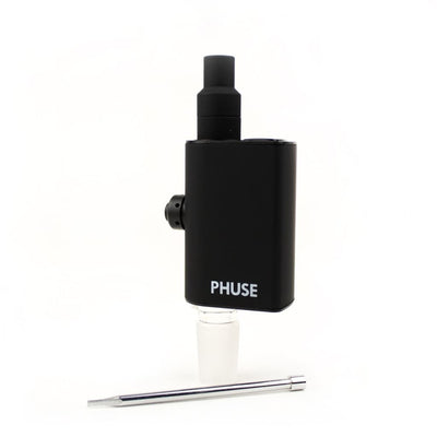 Black vaporizer labeled ’PHUSE’ with USB-C tool, ceramic heating element, 850mAh battery