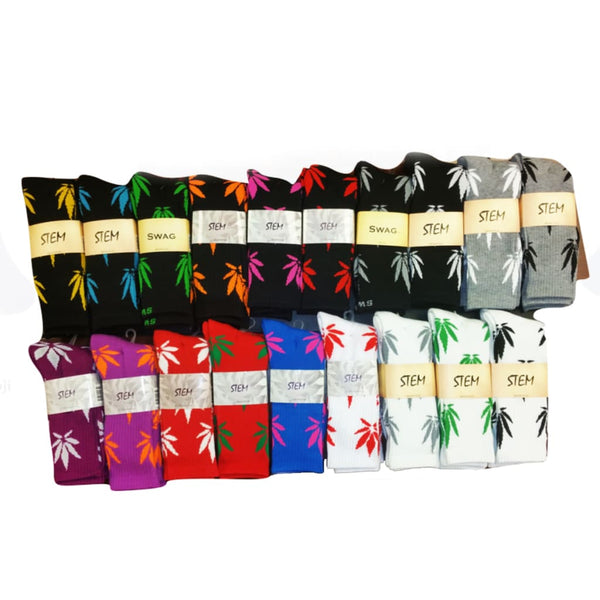 Dozen Mix Colors Stem Socks With Vibrant Marijuana Leaf Patterns - One Size Fits All