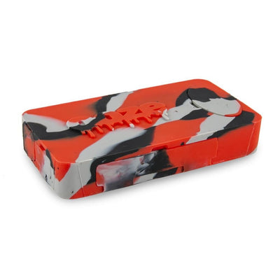 Rectangular tin container with red and black camouflage for a nice clean dab