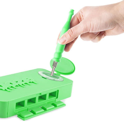 Bright green plastic building block toy and screwdriver for a nice clean dab