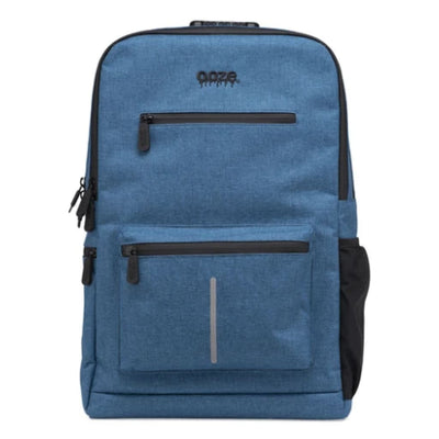 Blue Smell Proof Backpack with Carbon Lining and Multiple Zippered Compartments, Black Trim