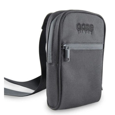 Ooze Traveler Smell Proof Crossbody Bag - Black with ’goze’ branding and front zipper pocket