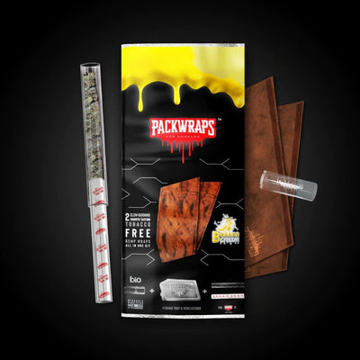 Packaged Twisted Hemp Wraps with yellow drip, black packaging for ultimate smoking experience