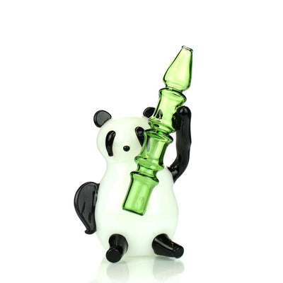 Glass panda-shaped water pipe with green stem; tall 14mm male bowl for bongs featured