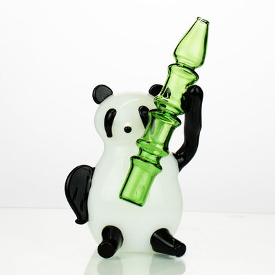 Glass panda-shaped water pipe with tall 14mm male bowl and green bamboo-like stem