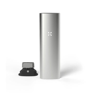 Silver Pax 3 portable cannabis vaporizer with matte cylindrical body and cross logo