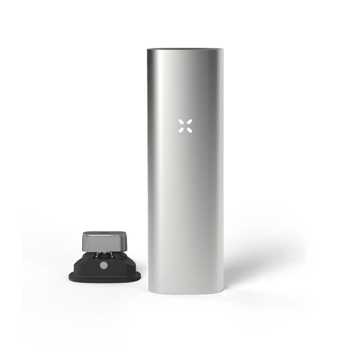 Silver Pax 3 portable cannabis vaporizer with matte cylindrical body and cross logo