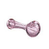 Pink fumed glass pipe with a bulbous end and spiral strips on a pink fumed spoon