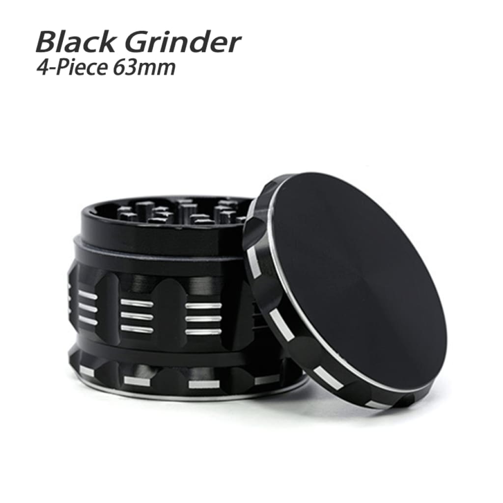 Durable 4-piece polygon herb grinder with razor-sharp teeth, 63mm black metal design