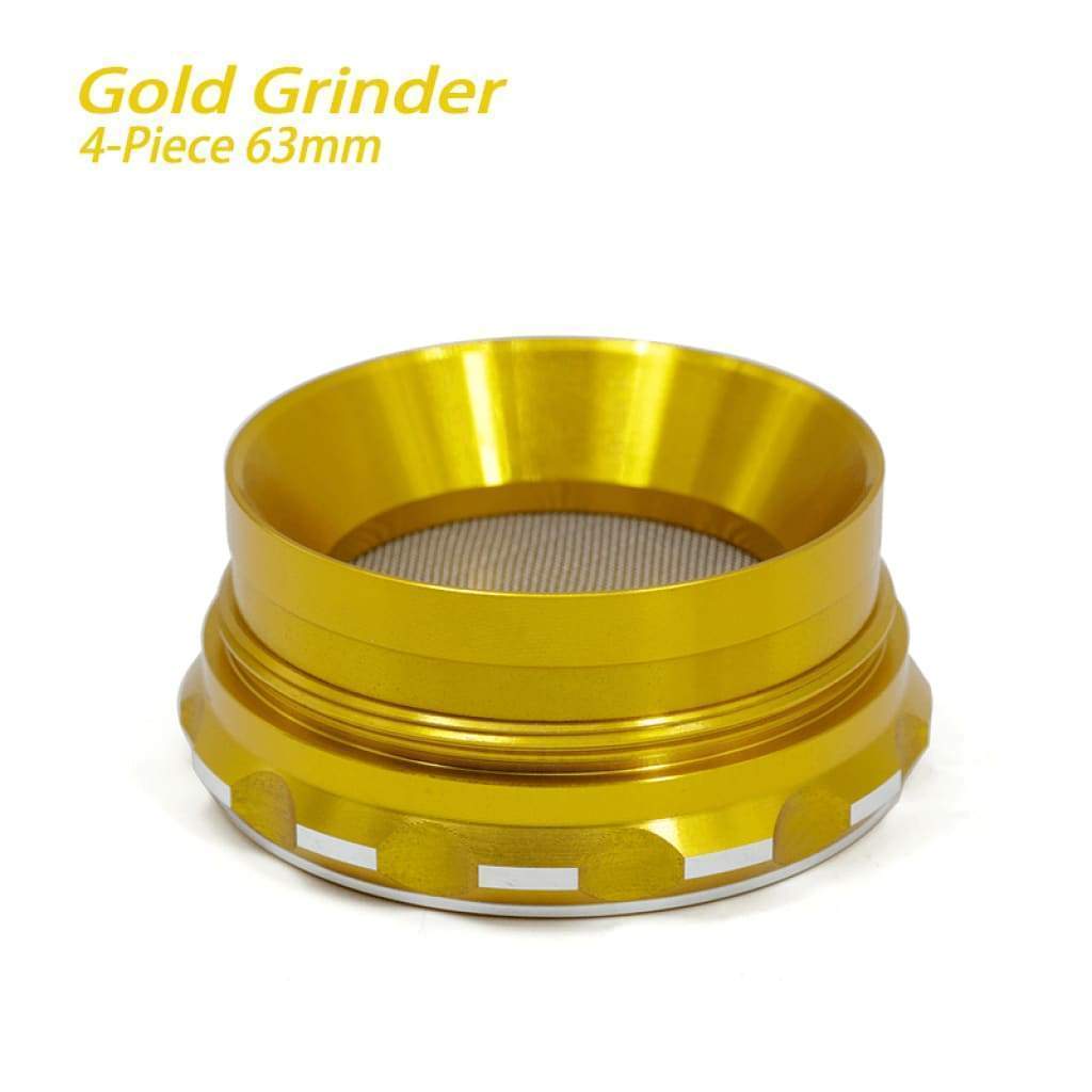 Polygon Herb Grinder - Durable gold-colored 4-piece with mesh screen and notched edges