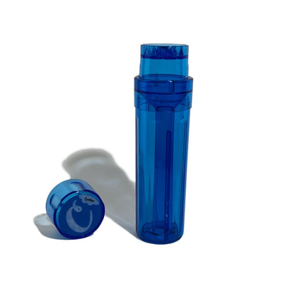 Blue translucent plastic container with removable cap for portable cone filling and storage