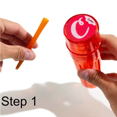 Red plastic cup with smile design, transparent pre-roller for consistent cone filling & storage