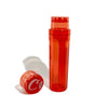 Red translucent plastic water bottle with removable cap for pre-roller cone filling & storage