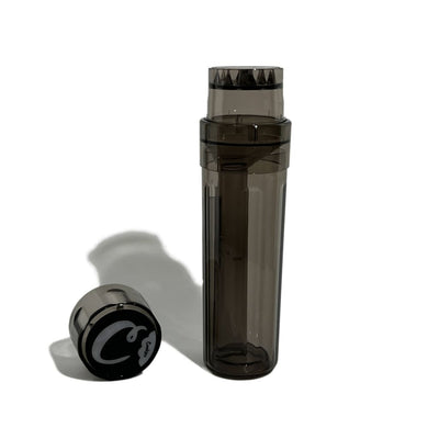 Transparent plastic pre-roller cone filling bottle with black lid—ideal for precise filling & storage