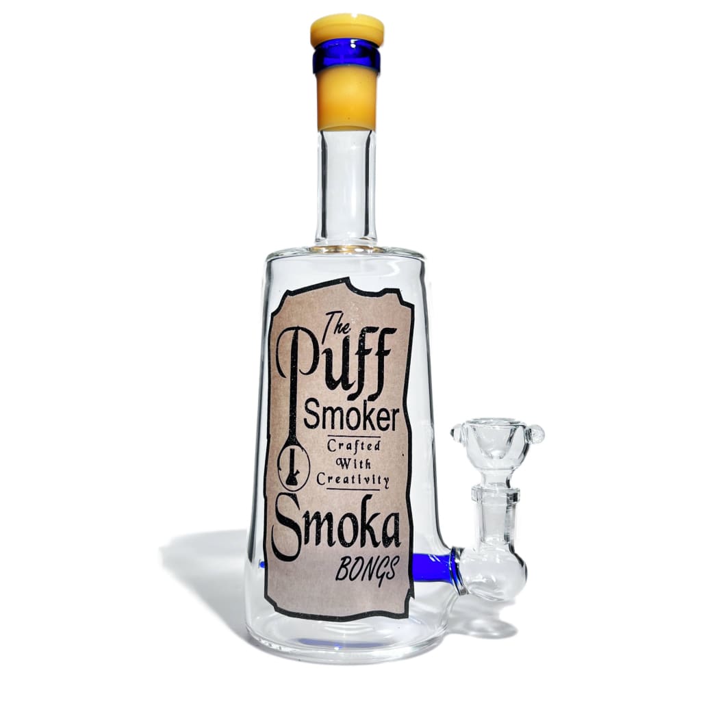 Glass bottle labeled ’The Puff Smoker Smoka Bongs’, Heavy-Duty Liquor Bottle Smoker Water Pipe