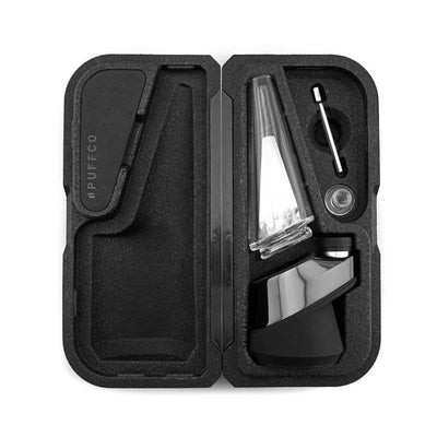 Black carrying case for Puffco Peak with vaporizer components and accessories