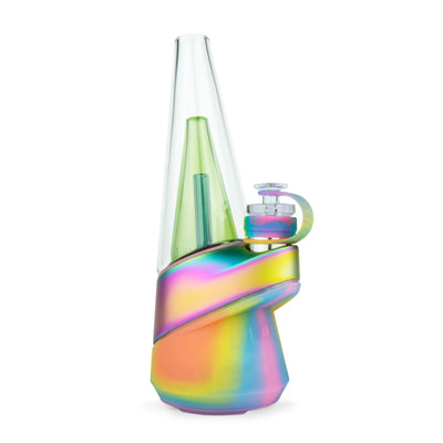 Rainbow-colored glass vaporizer showcasing the Puffco Peak for potent concentrate flavor