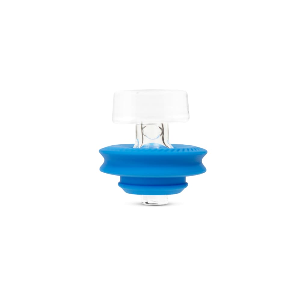 Blue silicone wine bottle stopper with clear glass top for Puffco Peak Pro ball cap maximum vapor production