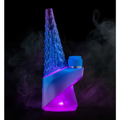 Puffco Peak Pro Indiglow: Futuristic neon-lit glass bong with vibrant blue-purple coloration