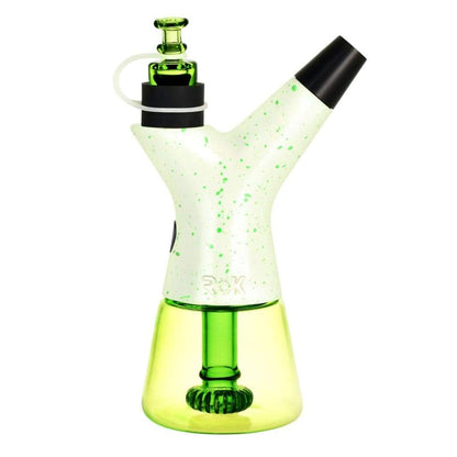 Uniquely shaped ’Pulsar Rök Luna Glow’ Dab Rig with white speckled body and green glass components