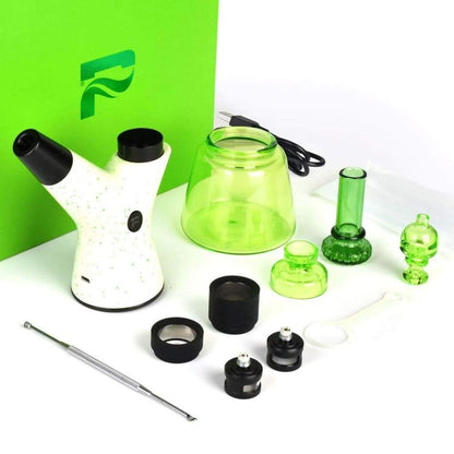 Disassembled Pulsar Rök Luna Glow Dab Rig Set with green and white components