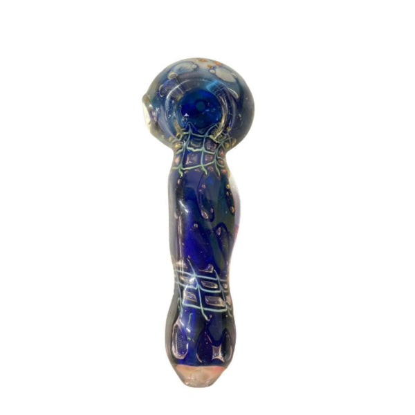 Blue 4.5-inch glass hand pipe with geometric patterns