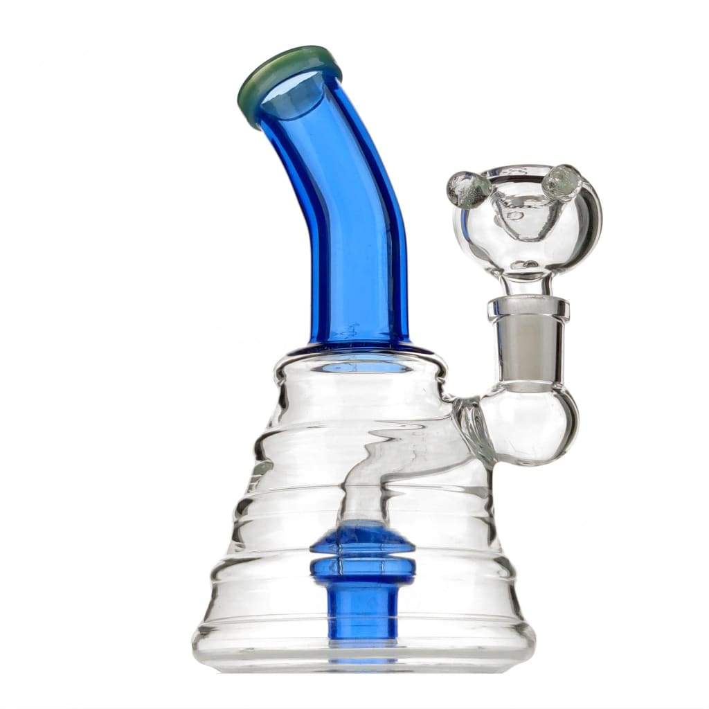 Sturdy beaker bong with blue colored bent neck and beehive percolator